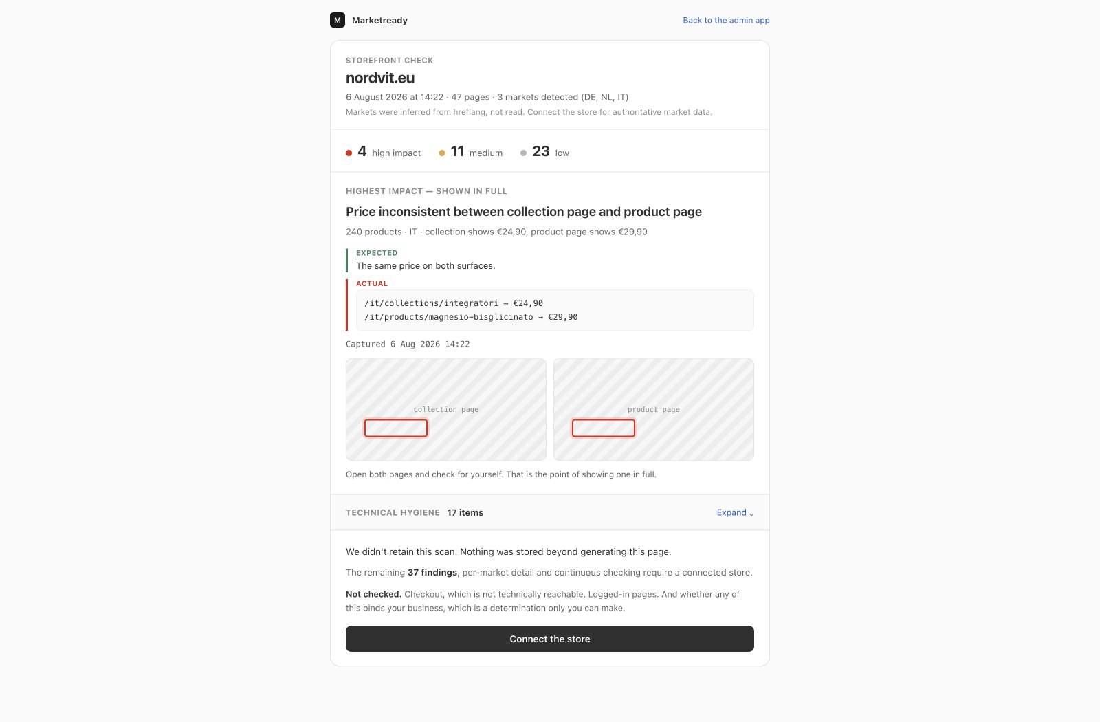 MarketReady public storefront report with market coverage, severity summary and evidence for a price inconsistency